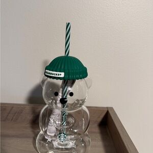 Starbucks Clear Bear Cup with Green Lid and Straw